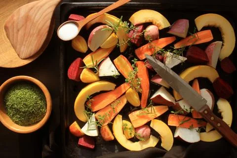 Top view of pan full of fall seasonal vegetables ready to be grilled over a d Stock Photos