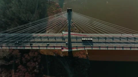 Top view panning drone shot of beautiful cable bridge across autumn river on Video stock 172118862