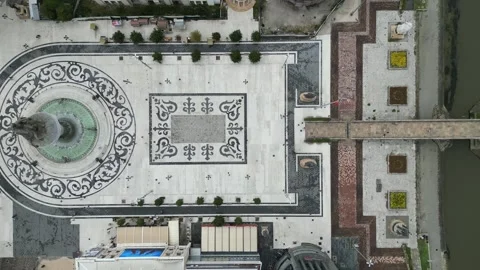 Top view Panning shot of the Alexander Statue, River and Bridge in Skopje Stock Footage 214312403