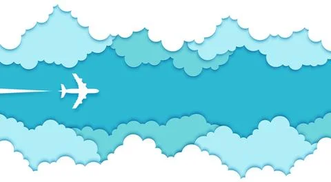 Top view paper cut plane in sky clouds, 3d vector Stock Illustration