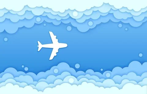 Top view of paper cut plane in sky clouds frame Stock Illustration