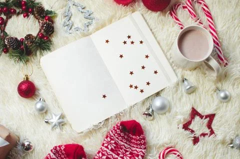 Top view of paper note for new year goals and resolutions list with christmas Stock Photos