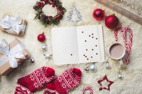 Top view of paper note for new year goals and resolutions list with christmas Stock Photos