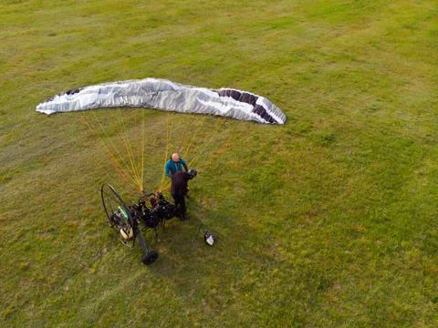 Top view of a paramotor being prepared to start - paragliding Stock Photos