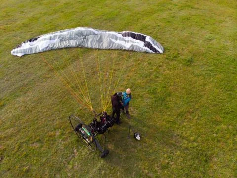 Top view of a paramotor being prepared to start - paragliding Stock Photos