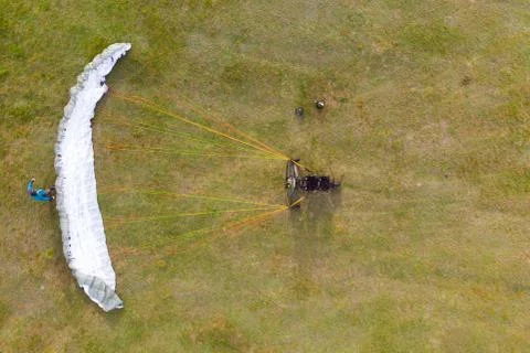 Top view of a paramotor being prepared to start - paragliding Stock Photos