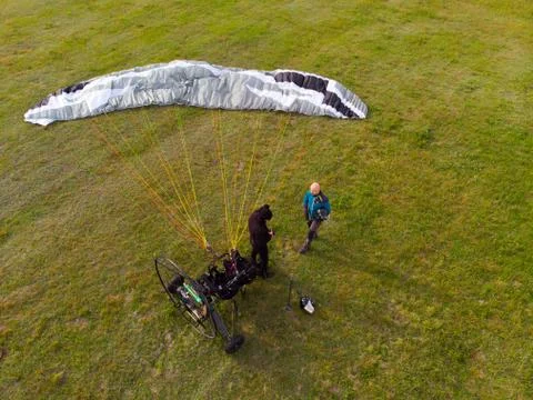 Top view of a paramotor being prepared to start - paragliding Stock Photos