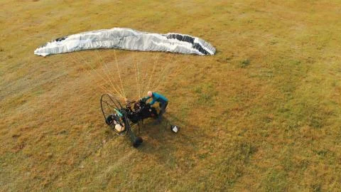 Top view of a paramotor being prepared to start - paragliding Stock Photos