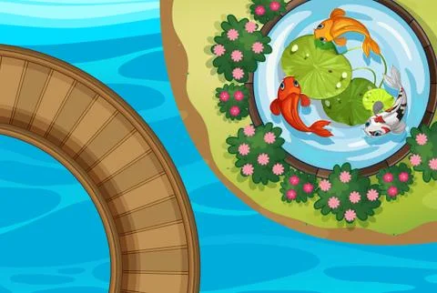 Top view of park with fish in pond Illustrazione stock
