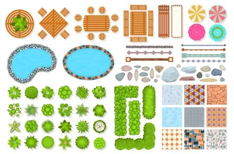 Top view park items. Public furniture outdoor relaxing chair, bench and umbrella Stockillustratie