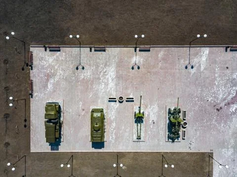 Top view of the park with monuments and monuments consisting of tanks, cannon Stock Photos