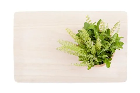 Top view part of holy basil pile on cutting board Stock Photos