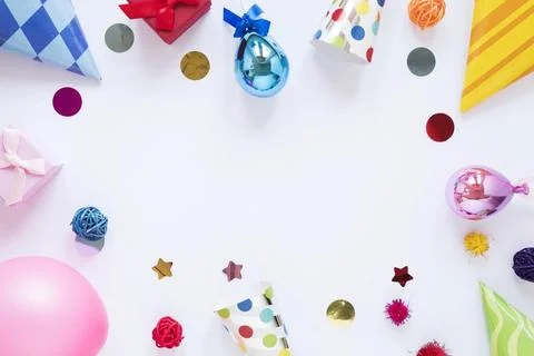 Top view party items white background top view party items white backgroun... Stock Photos
