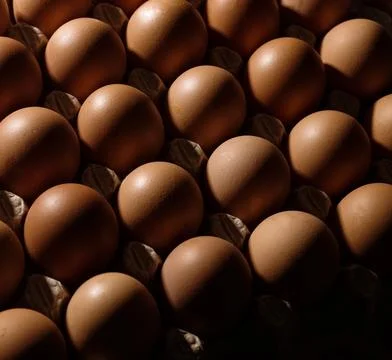 Top view pattern of eggs in a carton tray. Abstract food background. Stock Photos