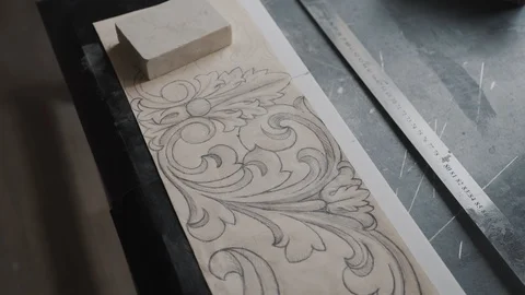 Top view of the pattern of the future marble fireplace, visible metal ruler and  스톡 동영상 99039271