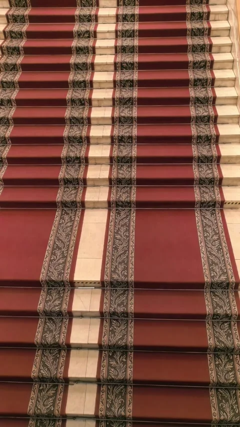 Top view patterned carpet runner on stairs, interior design detail, home decor a Stock Footage 333898589