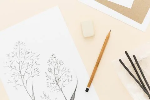 Top view pencil drawing table Stock Photos