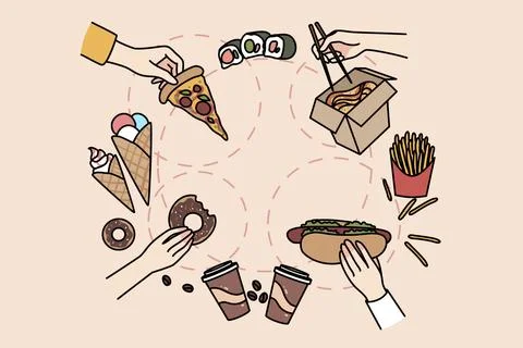 Top view of people eating various kinds of fast food. Person having fasfood Stock Illustration