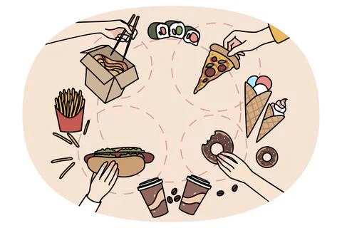 Top view of people eating various kinds of fast food. Person having fasfood Stock Illustration