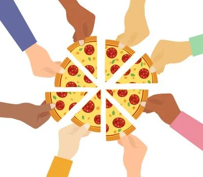 Top view of people hands taking pizza slices on white background - Vector ill Stock Illustration