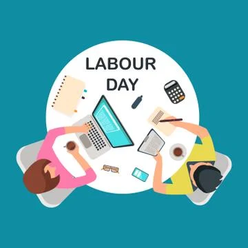 Top view people work at table. Labour day 스톡 일러스트