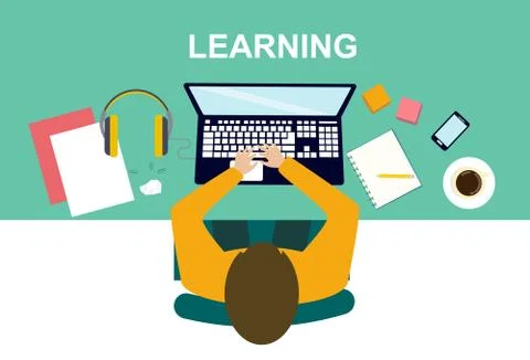 Top view of person using laptop for online education, vector illustration in 스톡 일러스트