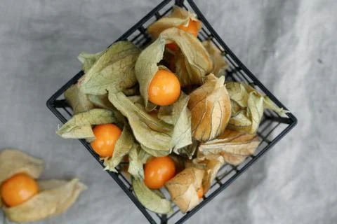 Top view on the physalis fruit in a black basket Stock-Fotos
