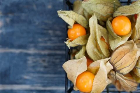 Top view on the physalis fruit in a black basket Stock Photos