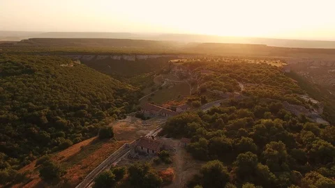 Top view of the picturesque valley with cliffs and forest Stock Footage 125354548