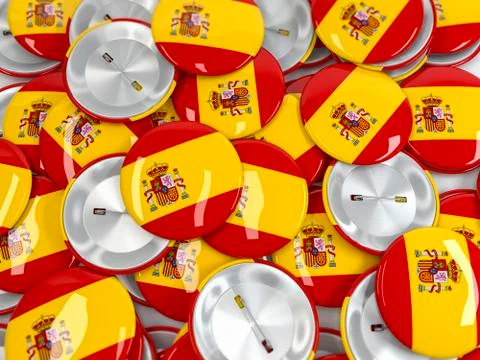 Top view on pile of button badge with flag of Spain. 3d background Stock Illustration