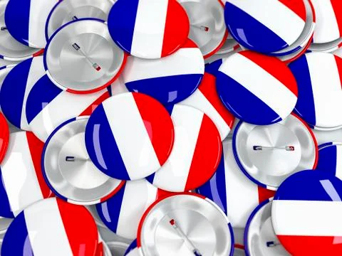 Top view on pile of button badges with flag of France. 3d render Stock Illustration