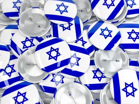 Top view on pile of button badges with flag of Israel. 3d render Stock Illustration