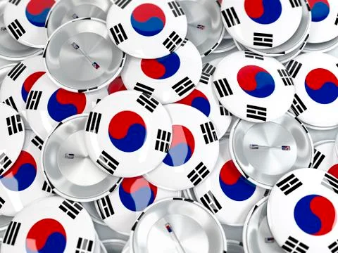 Top view on pile of button badges with flag of South Korea. 3d render Stock Illustration