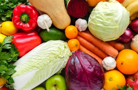 Top view of pile of various vegetables and fruits Stock Photos