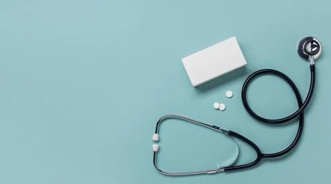 Top view pills container stethoscope. High quality and resolution beautiful Stock Photos