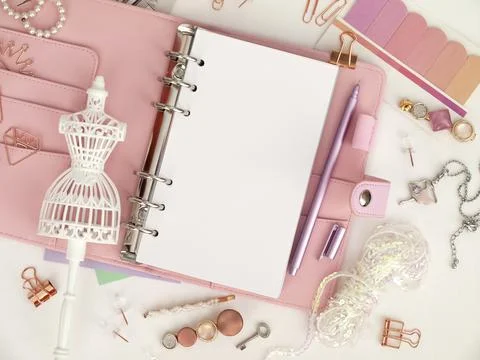 Top view of a pink planner with cute stationery. Pink glamour planner with a 스톡 일러스트