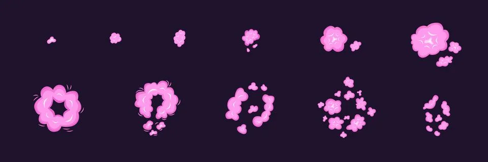 Top view pink sprite explosion set. Vector stock illustration isolated on black Stock Illustration