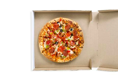 Top view of pizza in the box Stock Photos