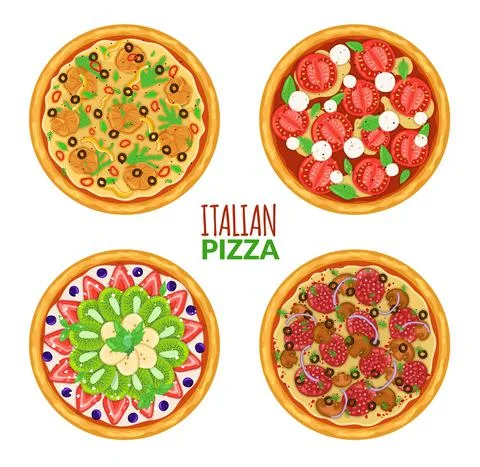 Top view pizza. Different toppings on round tortillas, italian national cuisine Stock Illustration