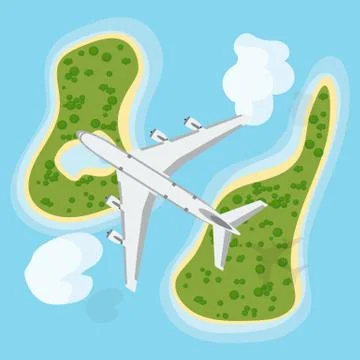 Top view of a plane flying over islands in the ocean. Commercial passenger pl Stock Illustration