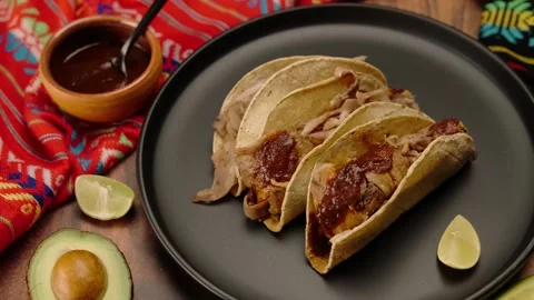 Top view of a plate with beef mexican tacos, colorful rebozos Stock Footage 282631888