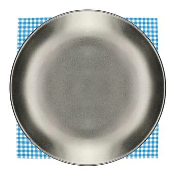 Top view plate on checkered tablecloth pattern background Foto stock