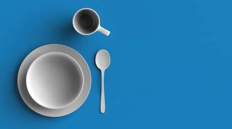 Top view of plate, cup and spoon on blue background. Style of minimalism Stock Illustration