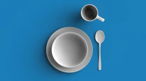 Top view of plate, cups and spoons on blue background Stock Illustration