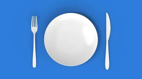 Top view of plate, fork and knive on blue background. Style of minimalism Stock Illustration