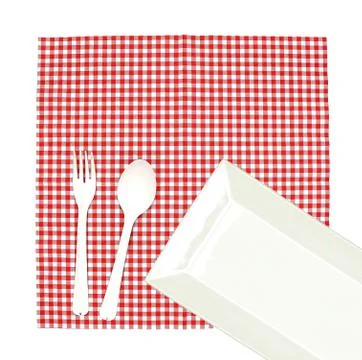 Top view plate with fork and spoon on tablecloth for food serving background Stock Photos