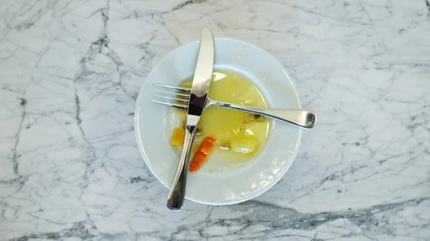 Top view, the plate rotates. On the plate remains of food, sauce. Dirty dishe Video stock 112862070