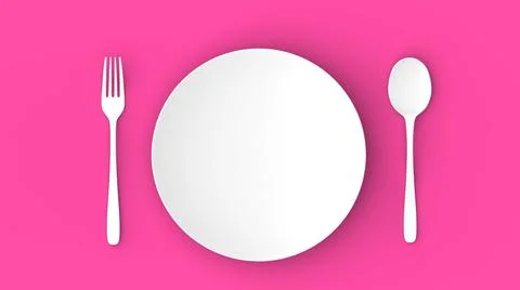 Top view of plate, spoon and fork on pink background Stock Illustration
