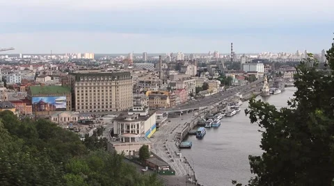 Top view of Podilskyi district, the river pier and the Dnieper River at sunset i Stock Footage 50526612
