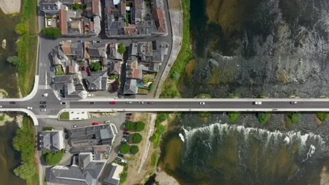 Top view on Pont du Marechal Leclerc over Loire river with cars from drone Stock Footage 193156046